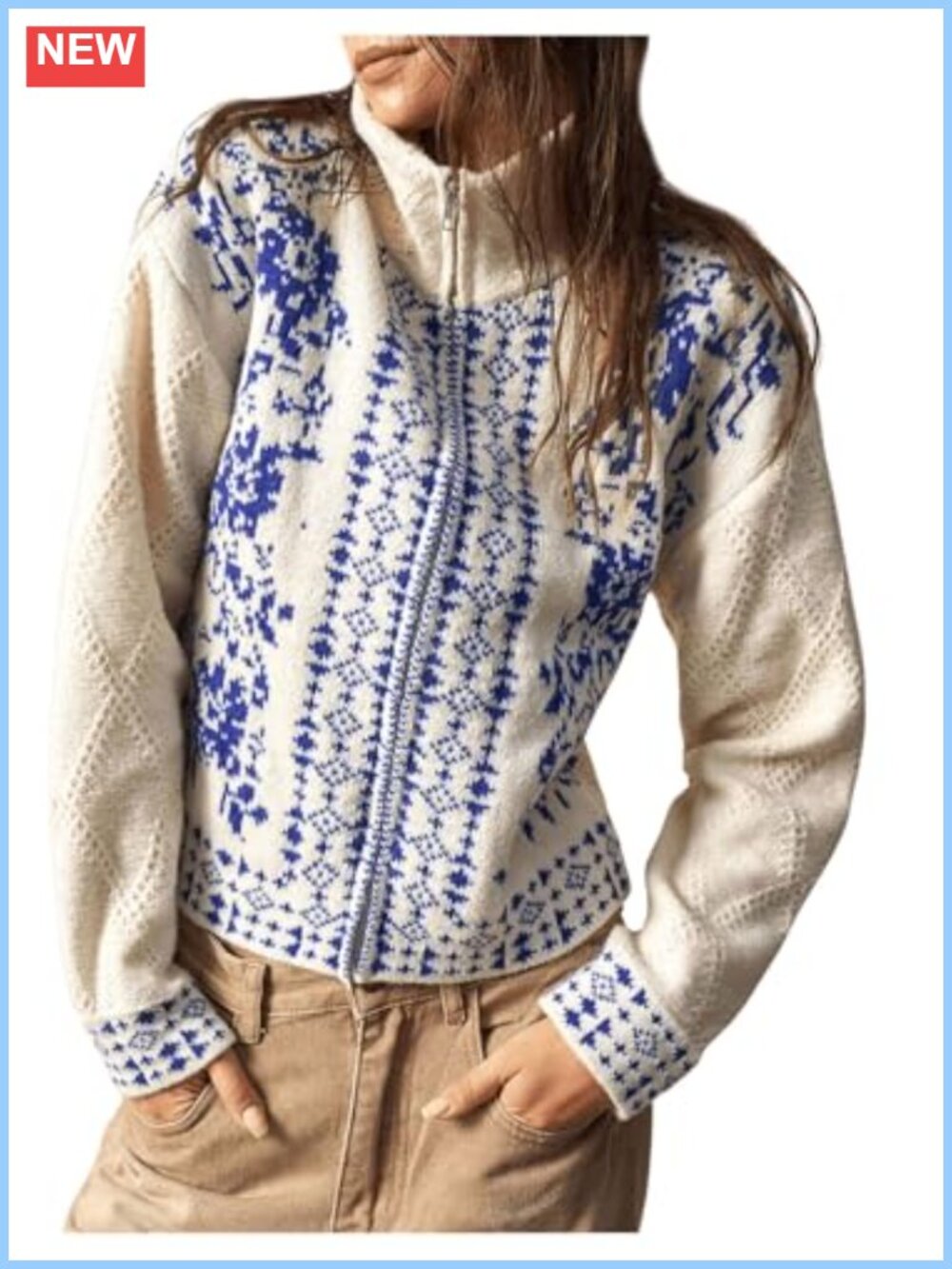 Floral Embroidered Boho Cardigan Sweater Zip Up Jacket Mock Neck